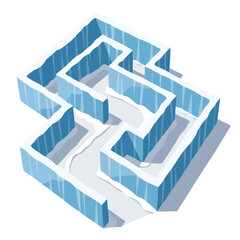 Ice maze walkway in winter with frozen walls and snow background  