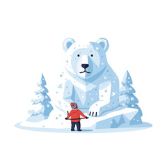 Child in red jacket admiring large snow bear sculpture in winter  