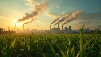 Industrial factory chimneys release smoke into hazy sky at sunrise over green cornfield. Air pollution rises from power plants, obscuring city skyline behind green plants.