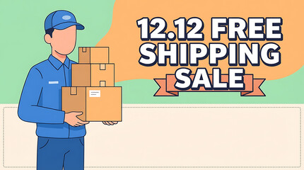 1212 Free Shipping Sale with Delivery Man Holding Packages.