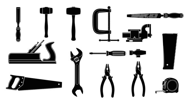 Essential carpentry tools for woodworking projects and DIY home repairs. Solid black set.