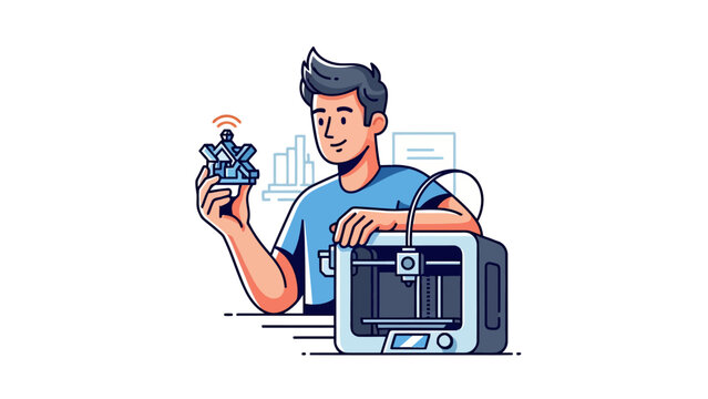 A cartoon illustration depicts a man examining a 3D-printed object next to a 3D printer