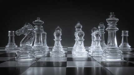 Elegant chess set neatly positioned on a chessboard showing strategic potential in a competitive game