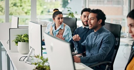 Business people, question and collaboration in office with smile for web design project management. Men, women and computer for communication, coworking and feedback or advice at creative agency - Powered by Adobe