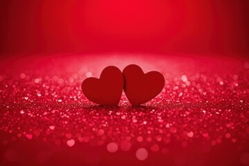 Two red hearts on sparkling red glitter background symbolizing love romance and Valentine celebration with bokeh lights