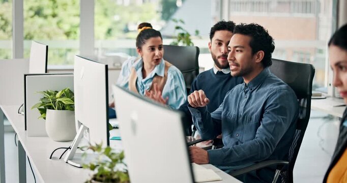 Business people, question and collaboration in office with smile for web design project management. Men, women and computer for communication, coworking and feedback or advice at creative agency