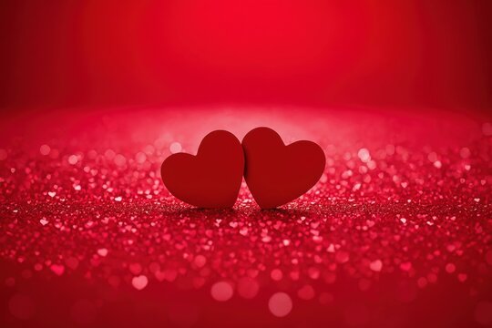 Two red hearts on sparkling red glitter background symbolizing love romance and Valentine celebration with bokeh lights