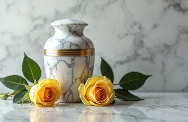 Marble urn with gold accents shown with yellow roses. Arrangement is for remembrance. Memorial urn is simple, elegant and peaceful. Funeral service or tribute is held indoors on table.