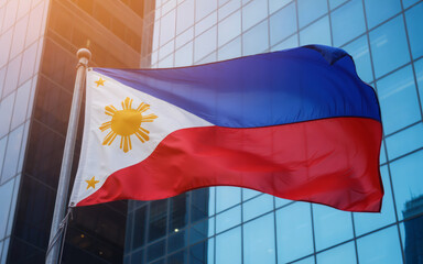 Proudly waving Philippine flag on modern skyscraper embodies national pride and vibrant culture on a sunny day