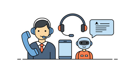 human vs ai customer service a call center agent assisting customers with a robot providing support showcasing technology and assistance.