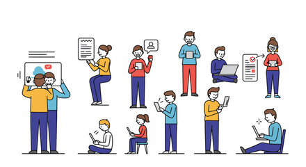 People using technology diverse group interacts with laptops tablets and phones for communication  work showcasing digital lifestyle trends.