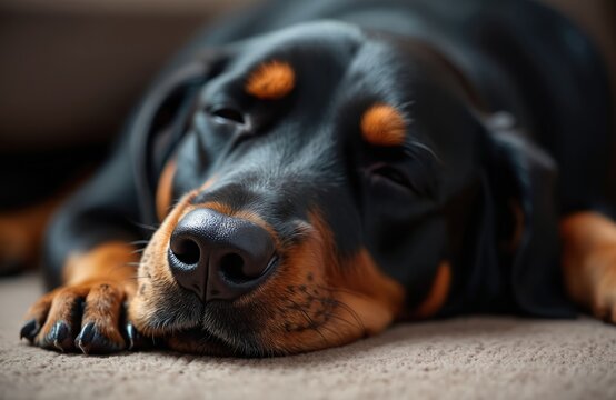 Black dog with tan markings rests on a carpeted floor. Its eyes are closed, and its nose is prominent in this close-up shot. The canine appears to be unwell or recovering from illness. - Powered by Adobe