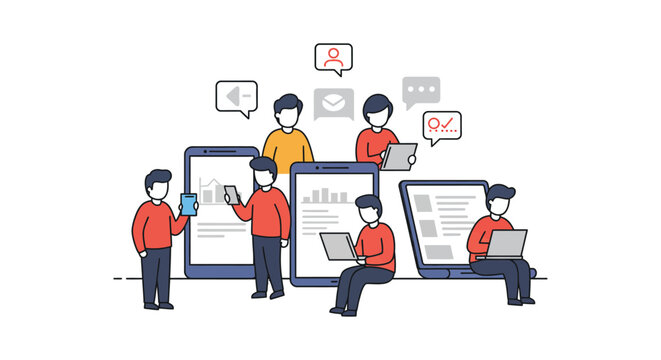 Team collaboration with devices and speech bubbles showcasing effective communication in a connected digital workspace ideal for tech marketing. - Powered by Adobe