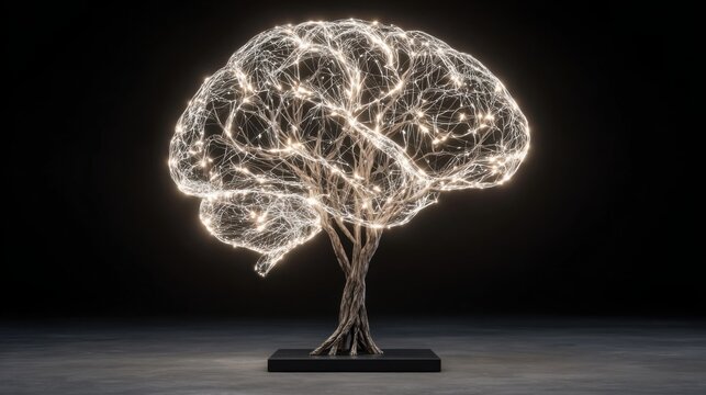Illuminated tree with a light trail resembling a brain symbolizing innovative thought in corporate development strategies