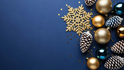 Festive christmas ornaments and pine cones on a dark blue background holiday scene