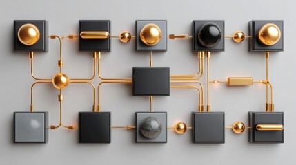 Wall displaying a collection of black and gold objects creating an elegant atmosphere in business optimization context