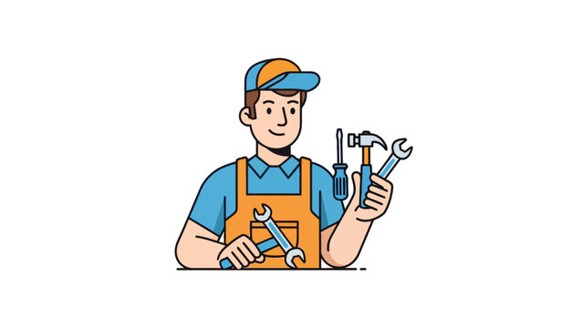 A cartoon repairman in work attire holding tools against a white backdrop