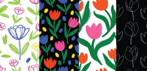 Vibrant collection of hand-drawn tulip patterns, offering cheerful designs with diverse color palettes on seamless backgrounds, perfect for playful spring and nature-inspired projects