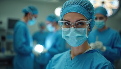 Surgeon in protective gear gazes intensely in operating room. Medical team works behind, blurred lights add drama. Focused surgical staff prepare for complex procedure, emphasizing care.