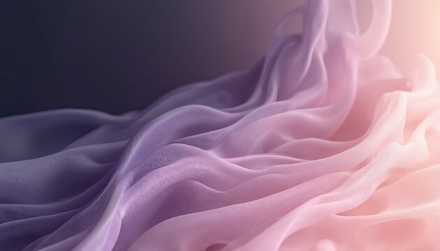 Soft pastel fabric waves with gentle color gradient from deep violet to pale pink. The flowing material has a subtle shimmer and fine texture, creating an abstract airy design. - Powered by Adobe