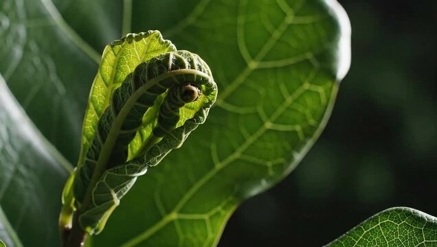 Fiddle leaf fig unfurling new leaf in morning light, a symbol of growth and renewal for health, wellness, and inspiring botanical content