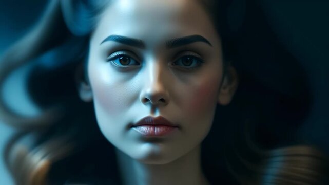 Cinematic 4K close-up of a stylized woman&rsquo;s face as warm keylight moves across her skin, revealing detailed texture and emotional depth. Premium beauty lighting, soft motion, dramatic shadows.