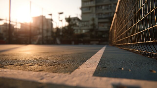 Sunlit tennis court surface with net and blurred cityscape at dusk