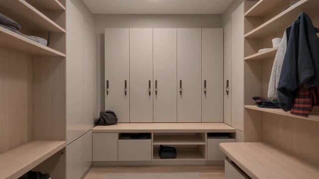 A modern and organized walk-in closet with custom cabinetry and ample storage space.