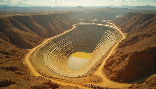 Vast open-pit mine reveals layered earth tones and a yellow water pool at its base. Excavated spiral terraces lead down, shaping a colossal industrial scar across arid terrain under a hazy sky.