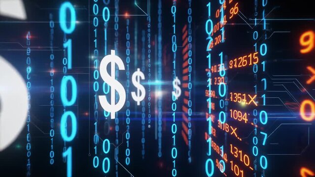 Dynamic Digital Display Showcasing White Dollar Signs and Binary Code