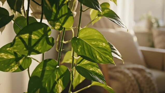 Golden pothos plant gently swaying indoors, creating a calming and natural atmosphere for a relaxing home interior scene with sunlight