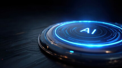 Fototapeta premium Blue button on circuit board highlighting the role of technology in corporate ai optimization execution roadmap concept