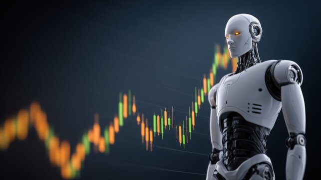 Robot positioned in front of a stock chart illustrating the corporate ai profit framework roadmap icon concept