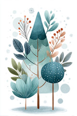 Whimsical forest illustration with stylized trees in pastel geometric shapes with winter wonderland atmosphere. Modern flat vector art creates serene Nordic-inspired botanical landscape design