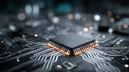 A detailed close-up of a circuit board with illuminated circuits signifying modern electronics and technological advancement