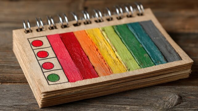 An artistic wooden calendar featuring a rainbow colored design as a symbol of time management and creativity