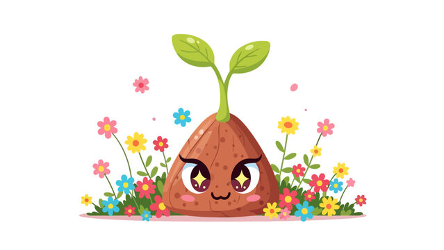 A cute cartoon seed sprouting leaves, with vibrant flowers and a friendly face