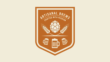 A crest-shaped illustration features the words "Artisanal Brews" and beer-related imagery on an ivory backdrop