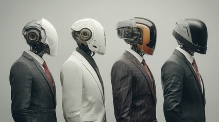 Group of three men dressed in suits and helmets representing a team of advanced ai robots in a corporate setting