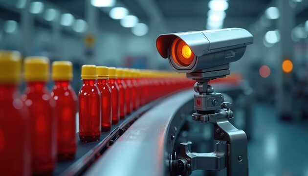 Factory production line with red bottles and security camera. Conveyor belt moves items. Automation and quality control are visible. Modern manufacturing and industrial processes in the image.