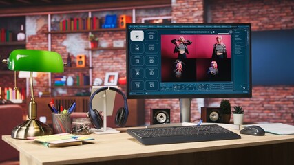 Computer on desk with UI of artificial intelligence GPT application turning text prompt into...