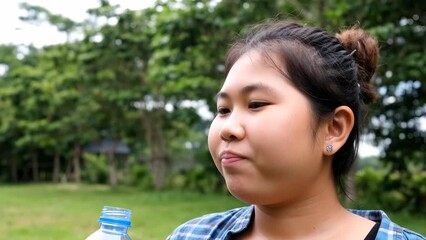 Young Asian Female Drinking Water Outdoors in Nature