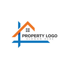 Modern Property House Logo with Orange Roof and Blue Lines
