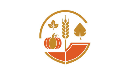 Obraz premium Stylized autumn harvest emblem featuring a pumpkin, wheat, leaves, and a geometric shape inside a circle
