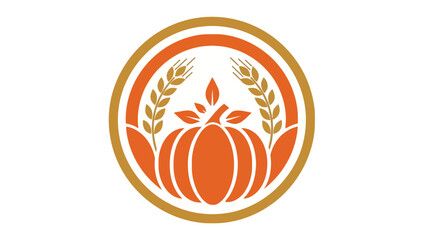 Circular emblem features a pumpkin at the center, surrounded by wheat and encircled by rings