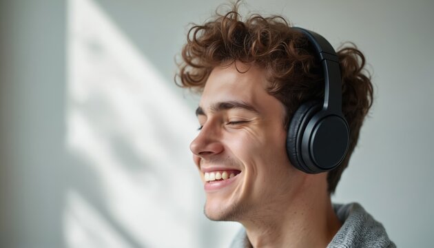 Young man listens music using headphones with eyes closed smiling happily. Youth enjoys sound and audio content while relaxing indoors. Positive teen has fun, feeling good.