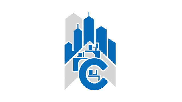 A modern logo with skyscrapers in blue with grey background and large blue C-shaped design