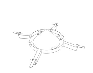 Centrifugal Rotary Fish Feeder Spreader Disc Thrower Wireframe Sketch Diagram: Engineering Technical Outline of Aquaculture Food Distribution Mechanism Component, Isolated CAD Vector Blueprint.