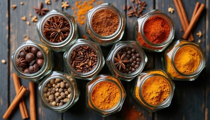 Various spices arranged in hexagonal jars on dark wooden surface. Includes star anise, peppercorns, cinnamon sticks, ground powders like turmeric, paprika, offering visual feast for culinary