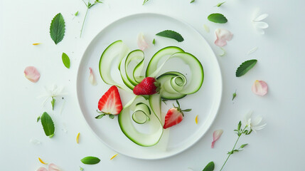 A top vew of summer salad features crisp cucumber curls, strawberries, and edible petals. The minimalist plating and balanced colors create a serene, contemporary aesthetic perfect for editorial use